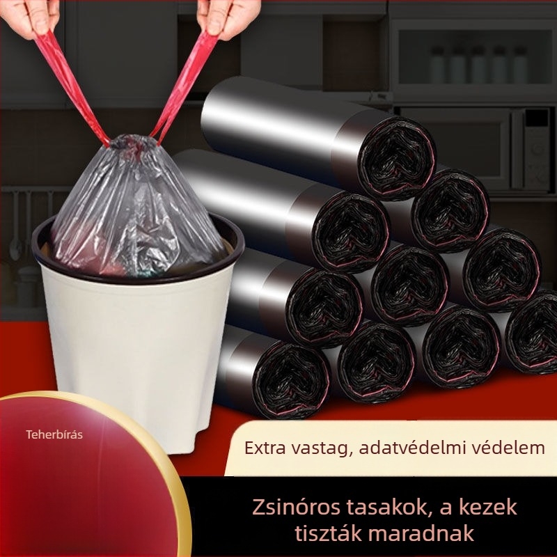 Háztartási vastagított nagy szemeteszsák húzózsinórral, egyszer használatos, konyhai hulladékhoz
