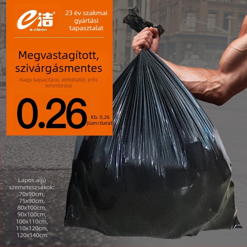 E-Clean nagy méretű szemeteszsákok, több méretben, vastított anyagból, sík szájú és sík aljú, közüzemi szaniter használatra éttermekben, kórházakban és ingatlankezelésben, fekete műanyag zacskók