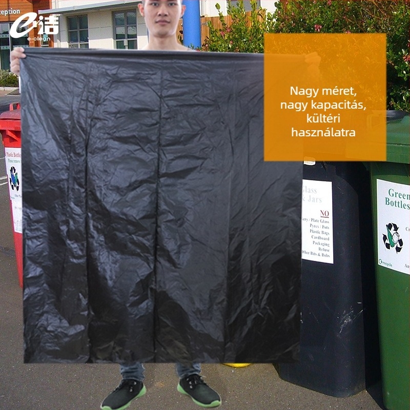 E-Clean nagy méretű szemeteszsákok, több méretben, vastított anyagból, sík szájú és sík aljú, közüzemi szaniter használatra éttermekben, kórházakban és ingatlankezelésben, fekete műanyag zacskók