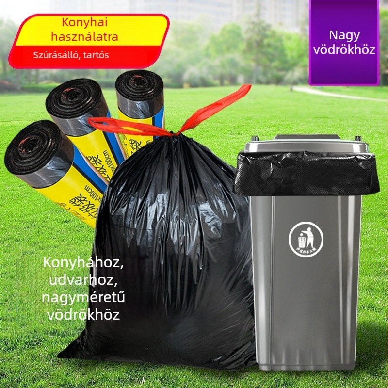 Vastagított, nagy méretű szemeteszsák húzószáras, konyhai használatra, tekercsben