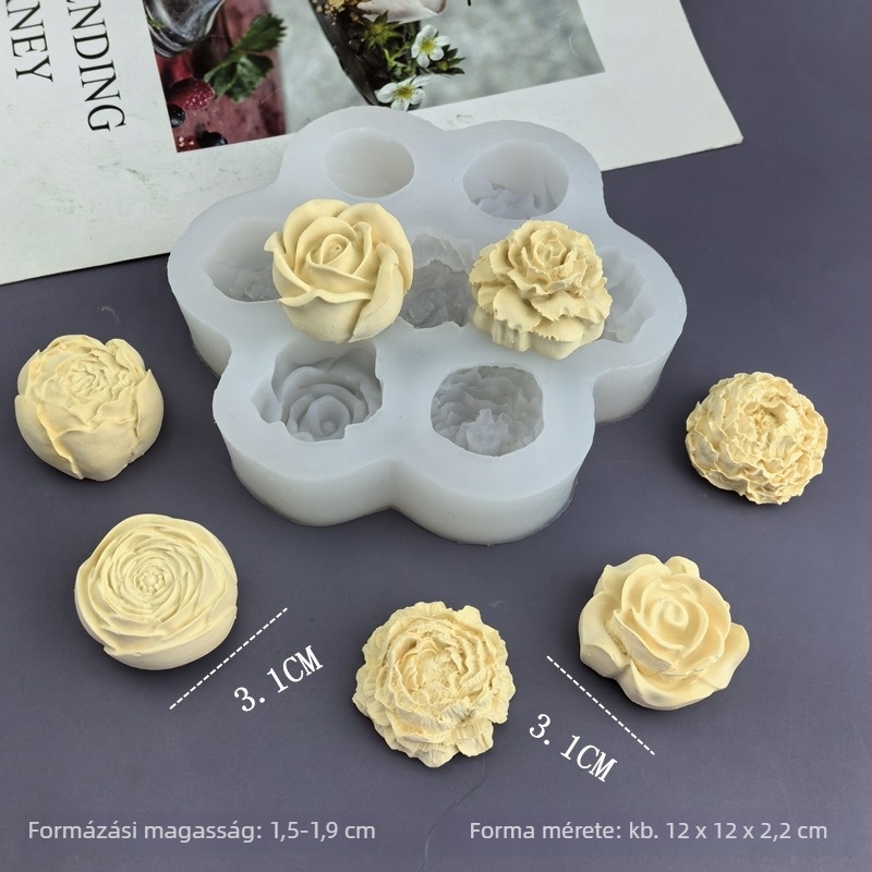 7-lyukas szilikon forma rózsa és peónia mintával sütéshez, DIY torták, csokoládé, gipsz, gyanta és gyertyák