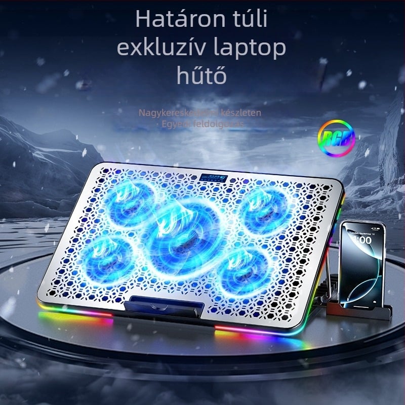 F5 PLUS laptop hűtőpad RGB világítással, fém hálós felülettel, 5 ventilátor, méretek 360×255×27 mm