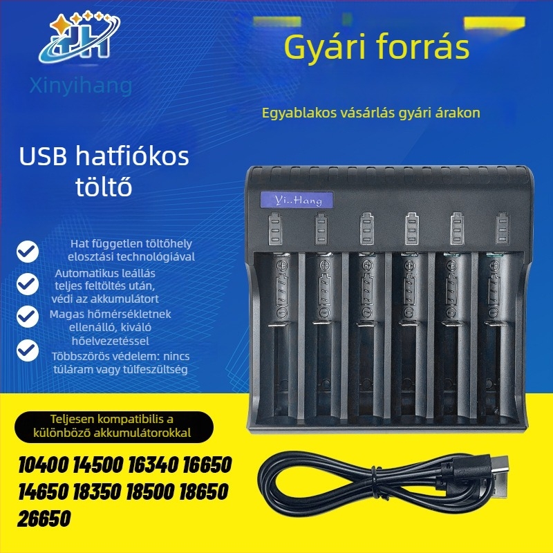 USB lítium-ion akkumulátor töltő 18650-höz, 6 rekesz, gyors töltés, töltésjelző