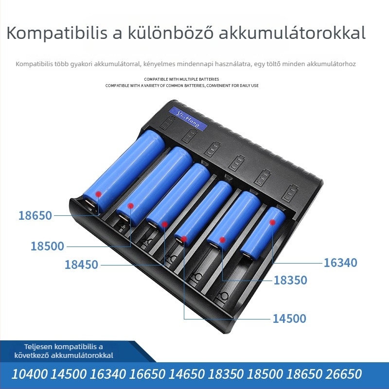 USB lítium-ion akkumulátor töltő 18650-höz, 6 rekesz, gyors töltés, töltésjelző