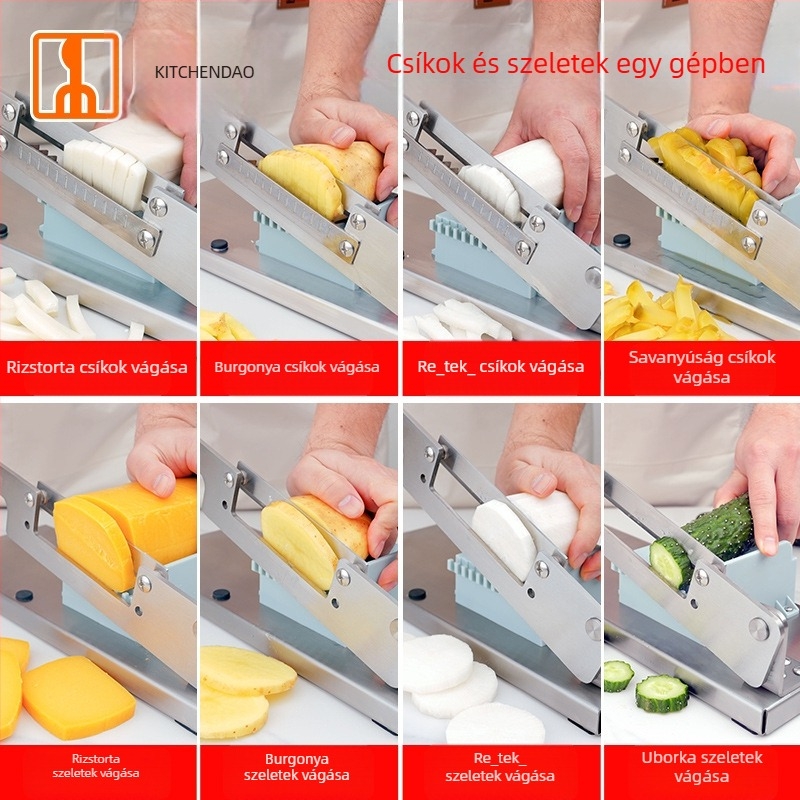 Többfunkciós rizstorta szeletelő, rozsdamentes acélból, otthoni használatra – szeleteli rizstorta szeletekre, illetve burgonyára és sárgarépára.