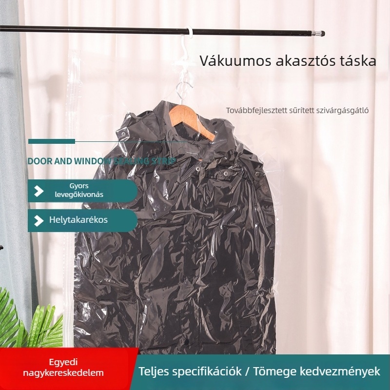 Függő vákuum-kompressziós zacskó ruhákhoz, oldalsó szívó résszel, porvédő és vízálló tároló tasak