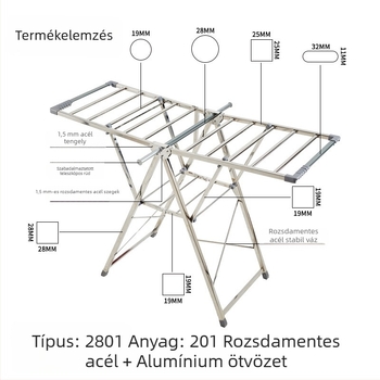 Rozsdamentes acélból készült, összecsukható, padlón álló ruhaszárító beltéri erkélyre, törölközőtartóval, testreszabható