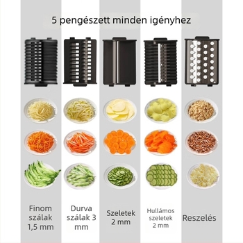 Multifunkcionális elektromos zöldségvágó – burgonya szeletelés, sárgarépa reszelés és finom reszelés, háztartási használatra.