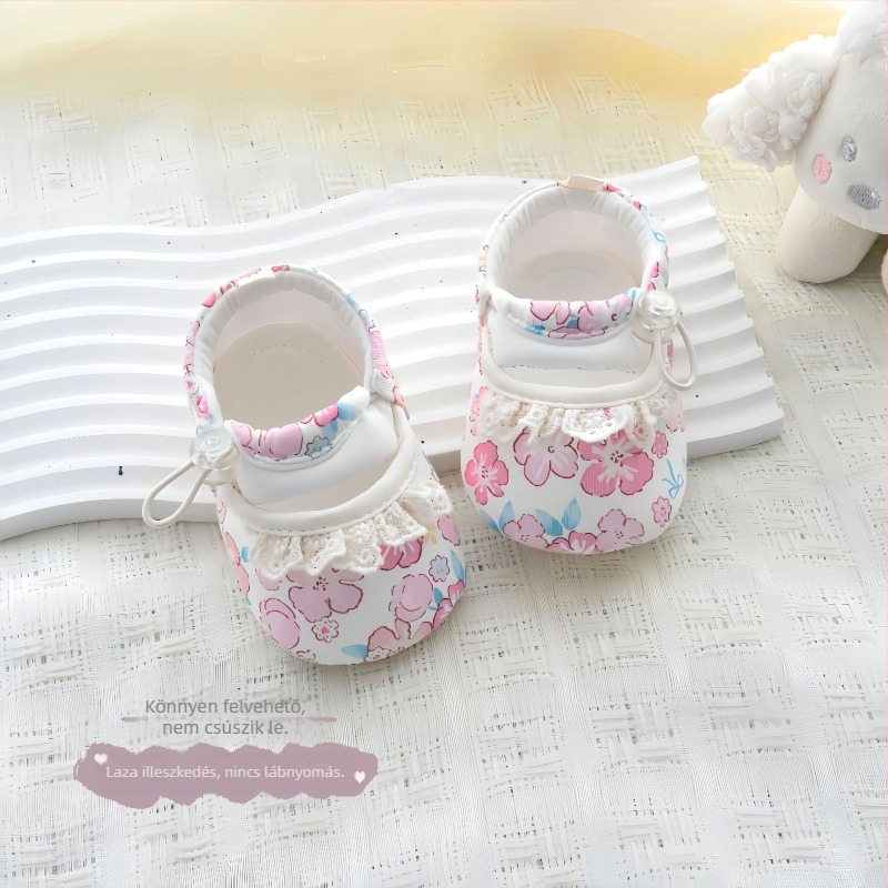 Textil babacipő, tavasz–ősz, 0–12 hónap, puha talp, csúszásmentes, a járás tanulásához, hercegnő-stílus, lélegző, csipkés díszítés