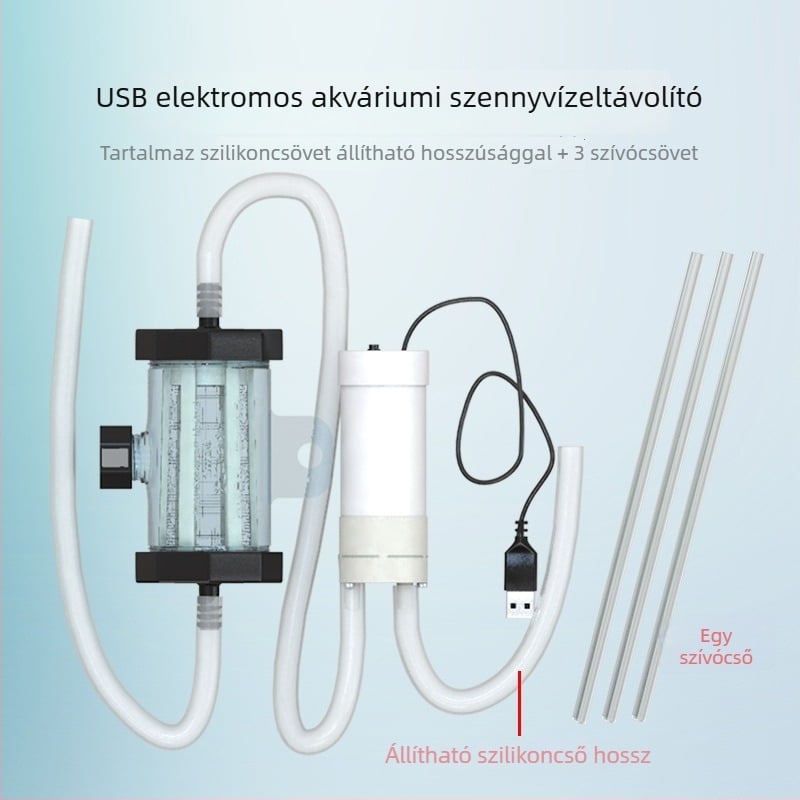 Elektromos merülő szivattyú akvárium vízcsere és tisztítás céljára; ürülék beszívása és homok tisztítása, automatikus indítás és leállítás.