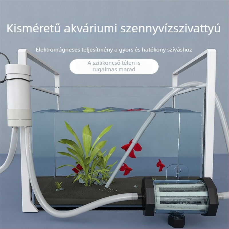 Elektromos merülő szivattyú akvárium vízcsere és tisztítás céljára; ürülék beszívása és homok tisztítása, automatikus indítás és leállítás.