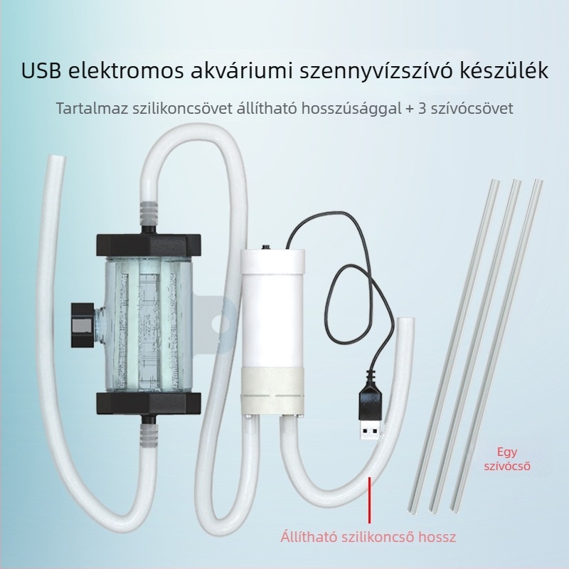 Elektromos merülő szivattyú akvárium vízcsere és tisztítás céljára; ürülék beszívása és homok tisztítása, automatikus indítás és leállítás.
