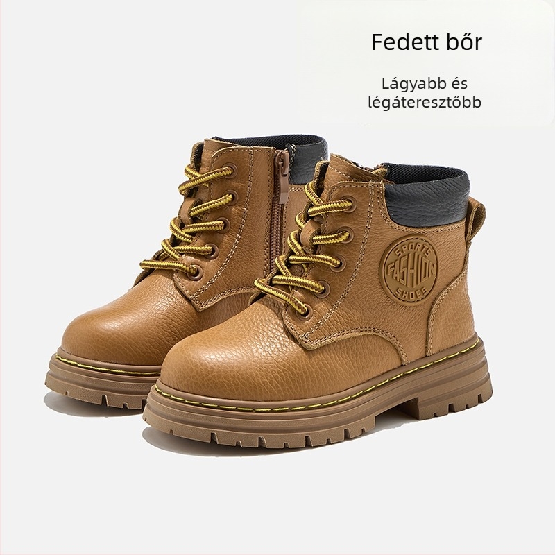 Tehénbőr gyerek Martin csizmák – fleece bélés, oldalsó cipzár, őszi-téli 2025, lélegző és meleg
