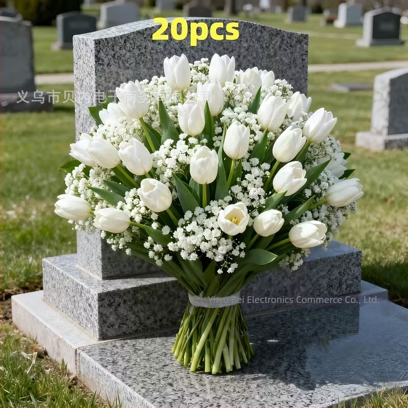 20 darab művirág: fehér tulipánok és fehér gypsophila temetői dekorációhoz