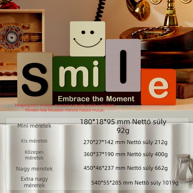 3D díszítő elem 1005 — építőkockákból készült mosolygó arc, SMILE betűk, nappalira, modern asztali és előszobai dekoráció