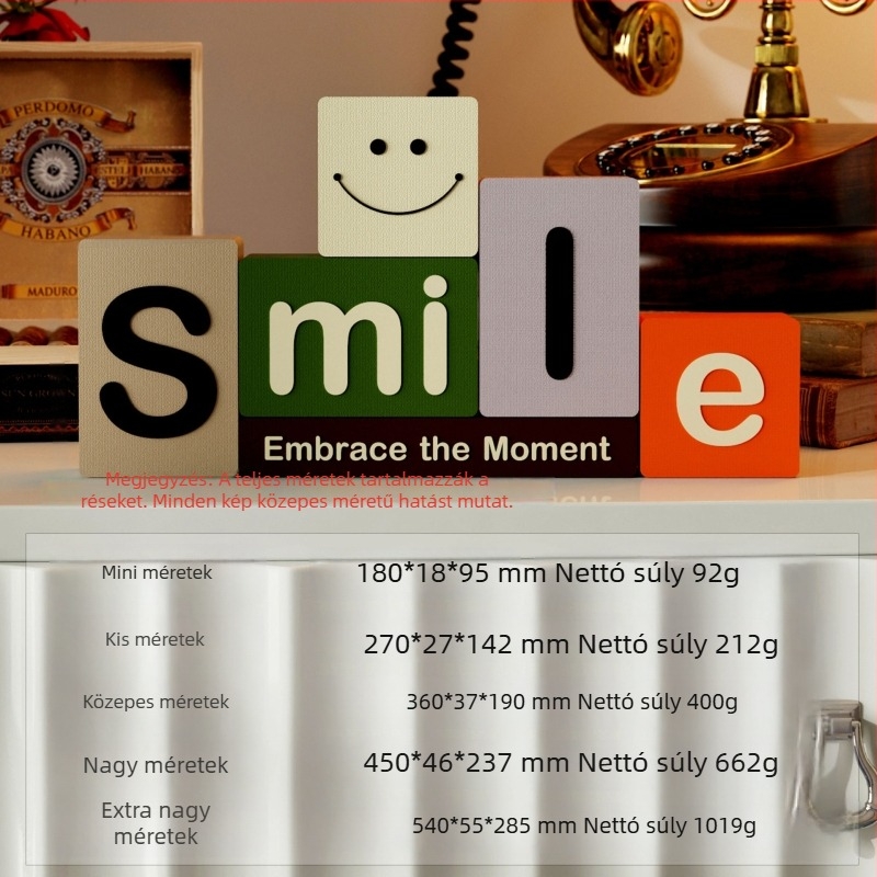 3D díszítő elem 1005 — építőkockákból készült mosolygó arc, SMILE betűk, nappalira, modern asztali és előszobai dekoráció