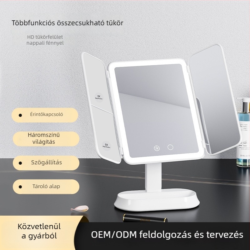 Háromrészes összecsukható világított sminktükör levehető forgó mechanizmussal, HD asztali sminktükör