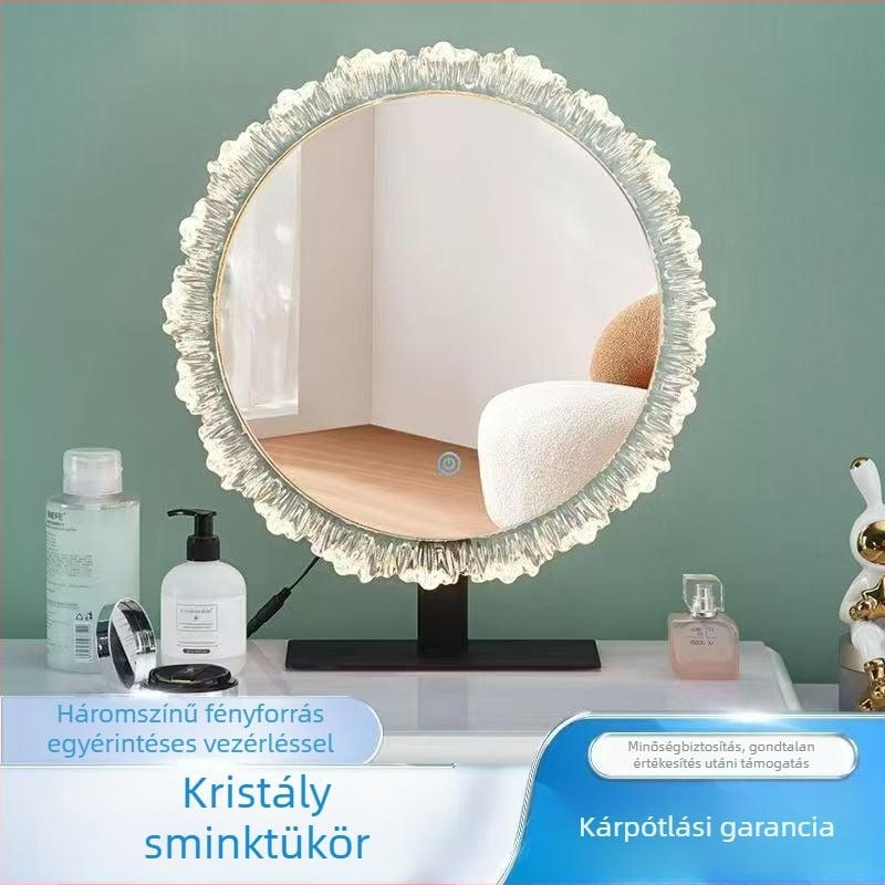Akril sminkasztal tükör világítással, napraforgó minta, háromszínű világítás