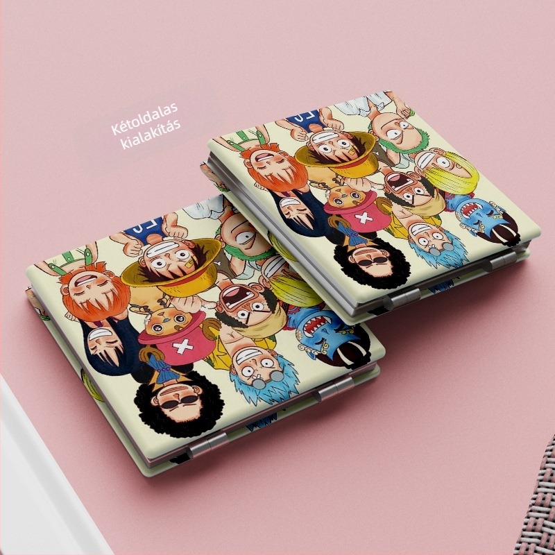 One Piece karikatúra témájú hordozható, hajtogatható sminktükör, mini, kézben tartható, négyzet alakú, aranyos