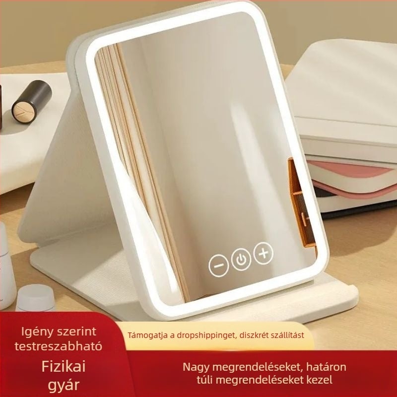 LED sminktükör, hordozható, összecsukható, világítással, asztali kozmetikai tükör
