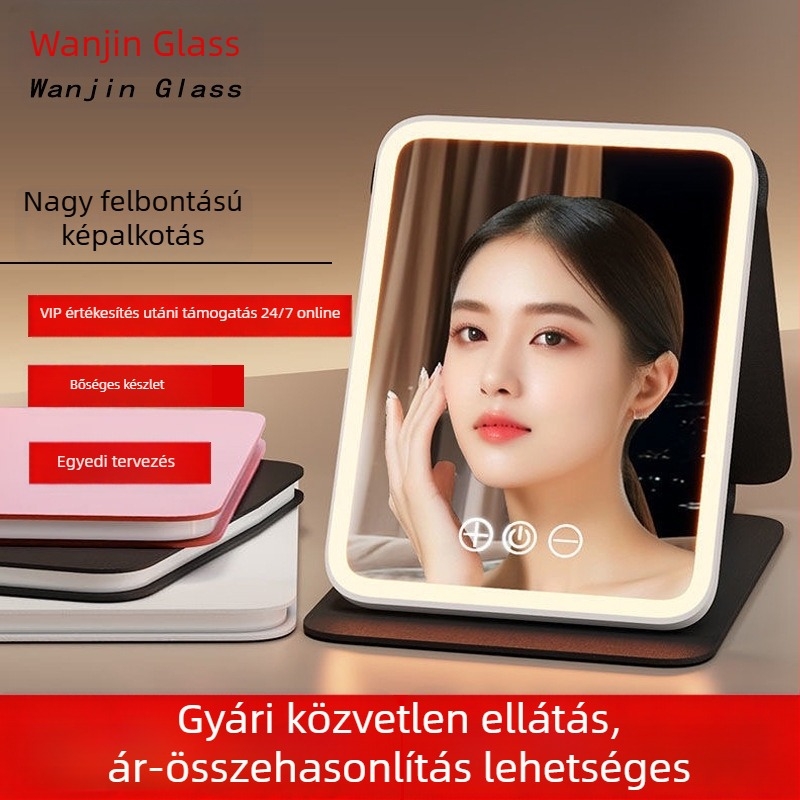 LED sminktükör, hordozható, összecsukható, világítással, asztali kozmetikai tükör