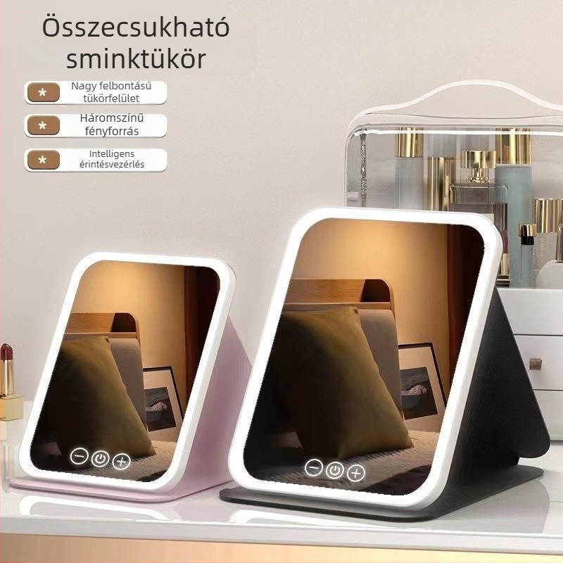 LED sminktükör, hordozható, összecsukható, világítással, asztali kozmetikai tükör