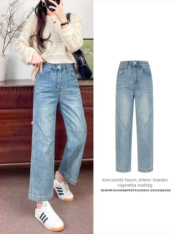 Rugalmas női farmernadrág, magas derékú, egyenes szabás, cropped hossz, denim, világoskék, tavasz–nyár