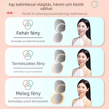 Hordozható zsebtükör LED-es világítással, kétoldalas, 3x nagyítás, összecsukható, újratölthető, háromszínű fényű világítással.
