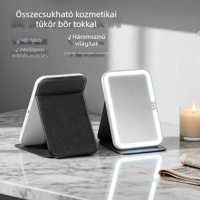 Hordozható összecsukható LED sminktükör világítással, kollégiumi és otthoni használatra – asztali tükör