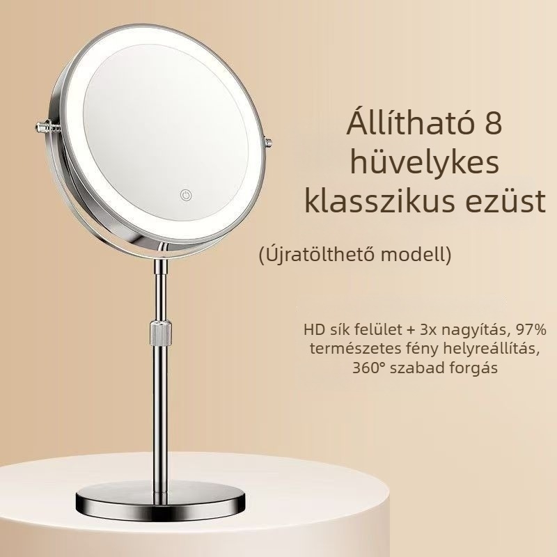 8 hüvelykes kör alakú asztali sminktükör fény és nagyítással, fém keret, szállodai stílus, állítható magasság