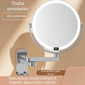 LED sminktükör falra szerelhető, kétoldalas világítással és digitális kijelzővel, töltőkampóval a fürdőszobába