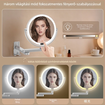 LED sminktükör falra szerelhető, kétoldalas világítással és digitális kijelzővel, töltőkampóval a fürdőszobába