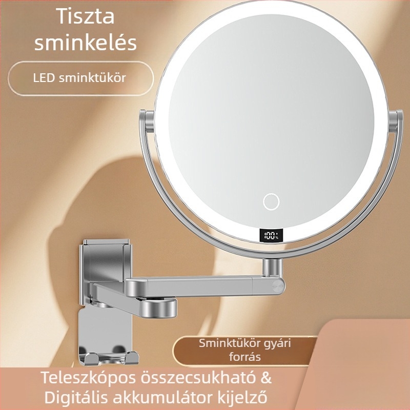 LED sminktükör falra szerelhető, kétoldalas világítással és digitális kijelzővel, töltőkampóval a fürdőszobába
