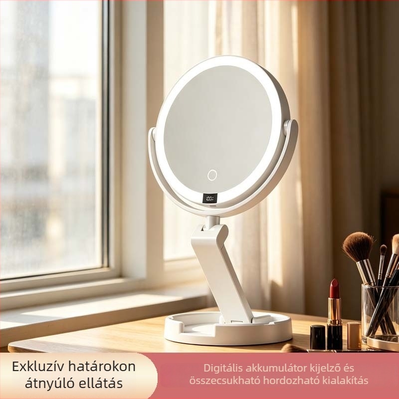 LED asztali sminktükör 360°-os forgatással, kétoldalas nagyítás, összecsukható