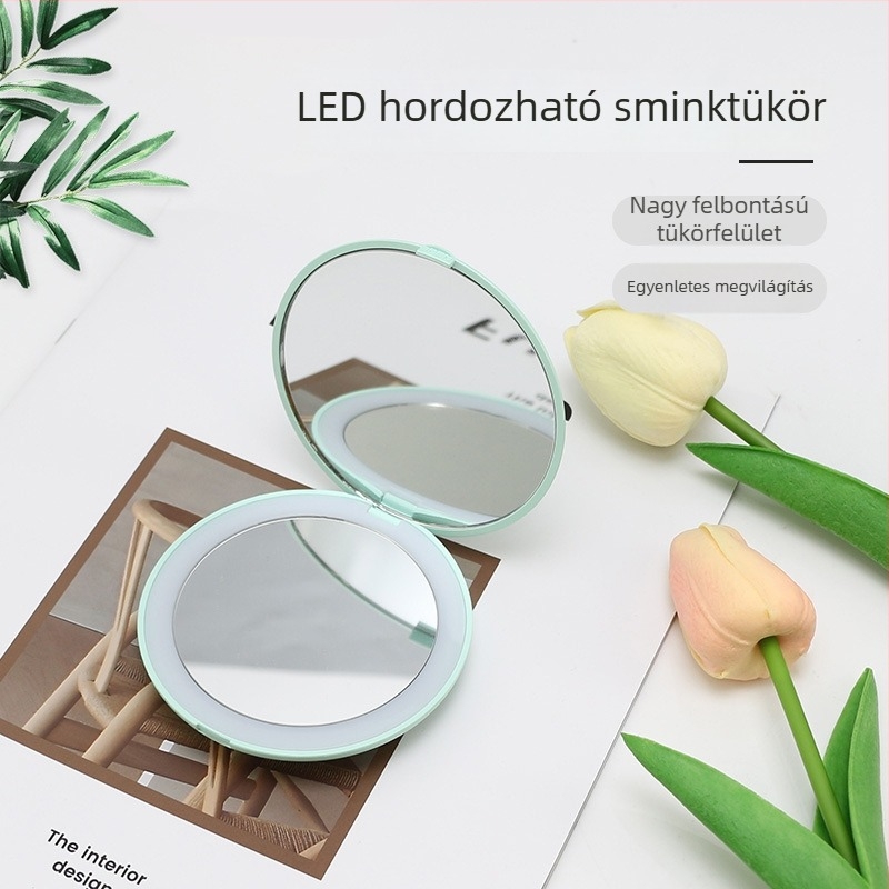 LED világítással ellátott dupla oldalú összecsukható sminktükör, kompakt kör alakú nagyító tükör, páramentes, akkumulátorral működik