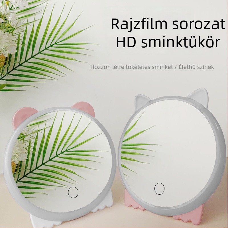 HD kreatív sminktükör, hordozható plastik kozmetikai tükör, karikatúra LED világítású tükör, asztali tükör