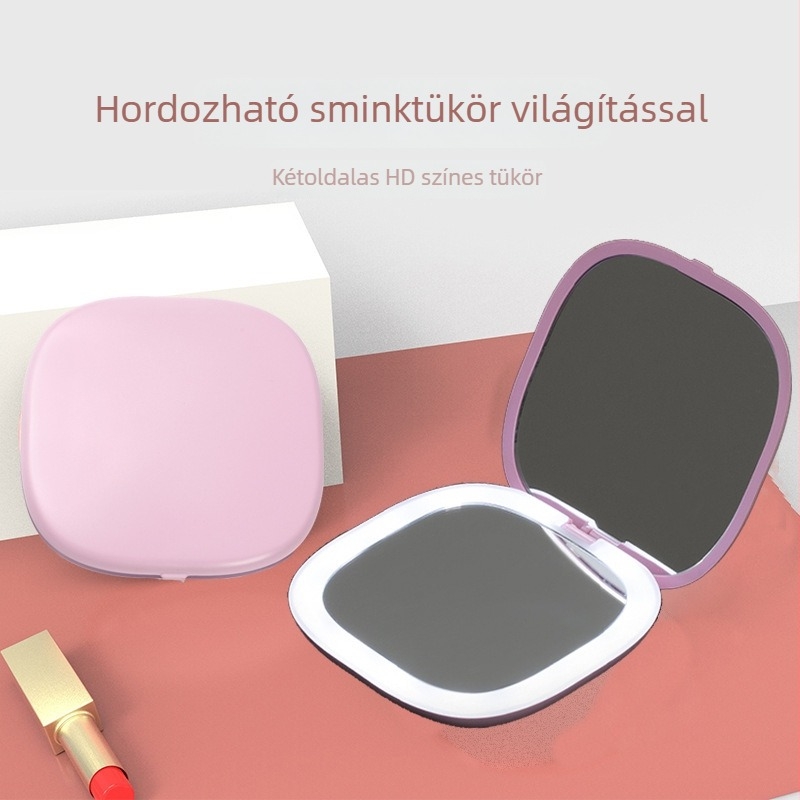 Összecsukható LED sminktükör világítással, kör és négyzet alakú, dupla oldalú, 3x nagyítás, kézben tartható utazó tükör