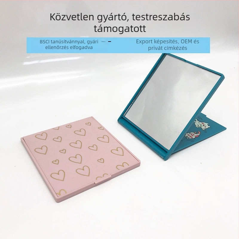 Négyszögletes ultra vékony egyoldalas asztali összecsukható műanyag sminktükör logóval