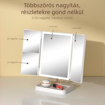 LED hárompaneles sminktükör összecsukható, asztali használatra, világítással