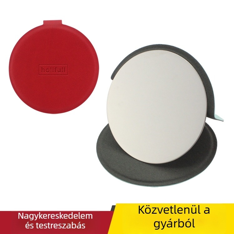 Kerek hordozható sminktükör rozsdamentes acélból, PU asztali állvánnyal, összecsukható kis tükör, egyedi logó