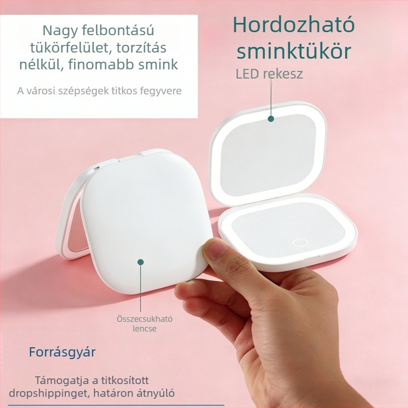 Hordozható LED kétoldalas sminktükör, újratölthető, 5x nagyítás, összecsukható, vékony és kompakt, retusáláshoz, személyre szabott ajándék