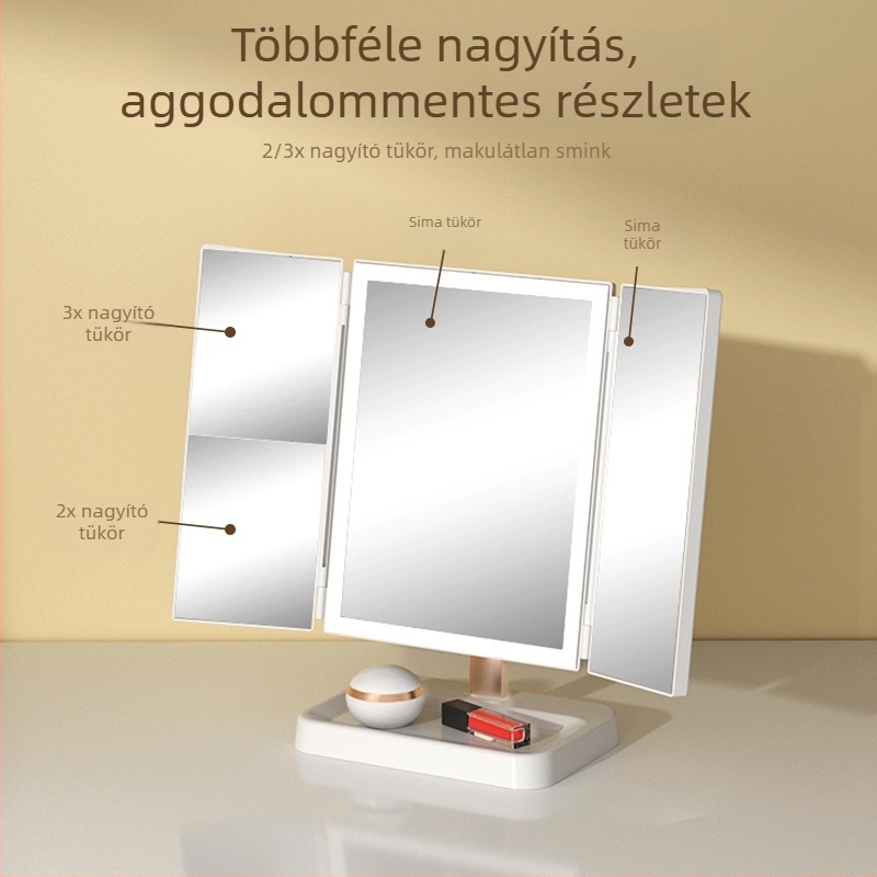 LED sminktükör asztali használatra világítással, tárolóval és állítható fényerővel, összecsukható kagyló alakú asztali tükör