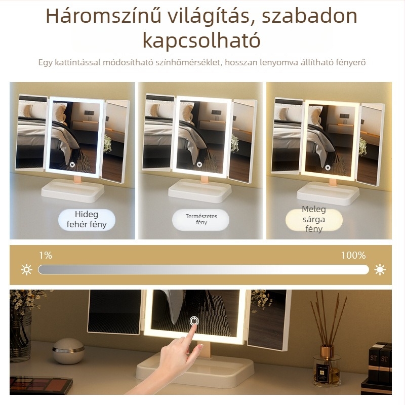 LED sminktükör asztali használatra világítással, tárolóval és állítható fényerővel, összecsukható kagyló alakú asztali tükör