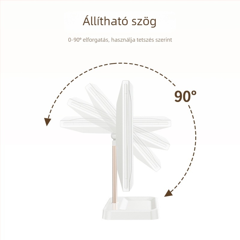 LED sminktükör asztali használatra világítással, tárolóval és állítható fényerővel, összecsukható kagyló alakú asztali tükör