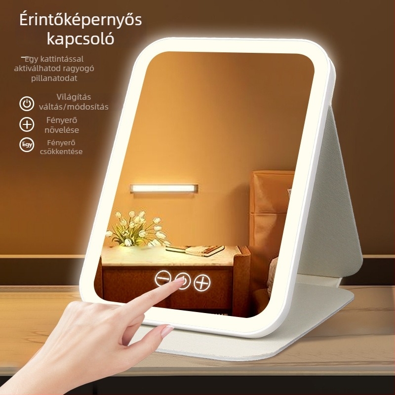 LED világítású sminktükör, hordozható, összecsukható asztali tükör egyetemista szobába és otthonra