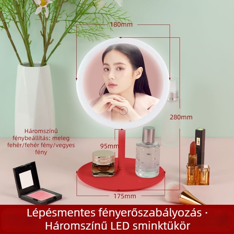 LED sminktükör állvánnyal, kompakt asztali smink tükör világítással, állítható fényerővel