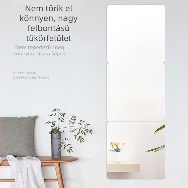 Fali tükör, öntapadós kozmetikai tükör fürdőszobába, fúrás nélkül, akril kerettel és ezüst tükröző felülettel; méretek 20×20 cm, 30×30 cm vagy 40×40 cm.