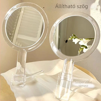 Kétoldalas, átlátszó nagyítóval ellátott kézi asztali tükör, akrilból, kör alakú