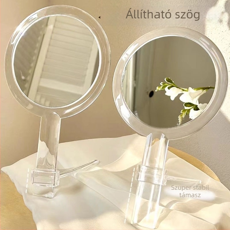 Kétoldalas, átlátszó nagyítóval ellátott kézi asztali tükör, akrilból, kör alakú
