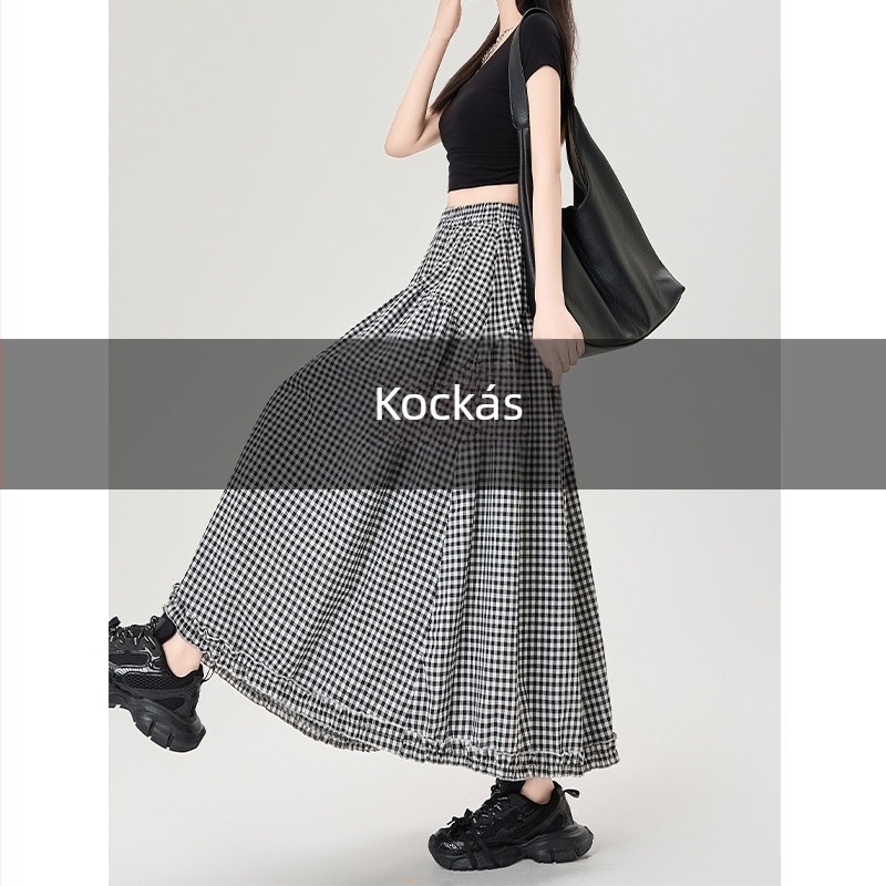 Csipkés houndstooth mintás midi szoknya nőknek, tavasz-nyár, magas derék, A-vonal, midi hossz, laza esés
